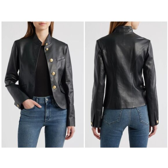 Rag & Bone Women's Black Sadie Crop Leather Blazer Gold Buttons Size 12 - Picture 1 of 7